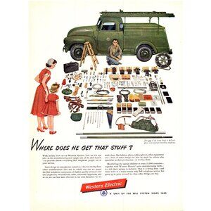 1952 Western Electric Repairman Repair Work Truck Vintage Print Ad 50s Wall Art